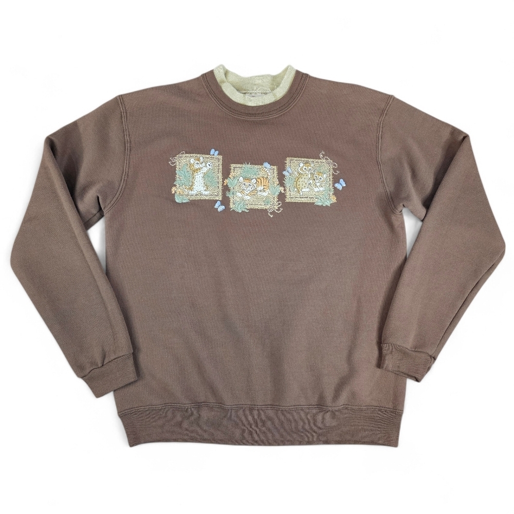 Vintage Double Collar Crewneck Wildlife Animal Graphic Sweatshirt Brown Size M